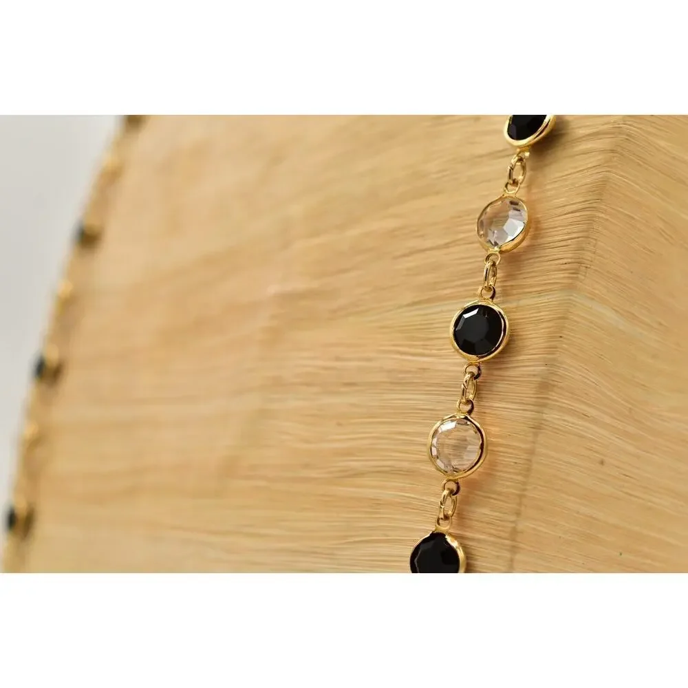 Austrian USA Crystal Open Bezel Necklace Black White Gold Signed 1980s BinBL